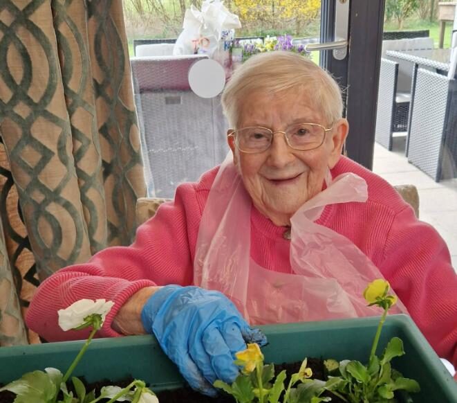 older lady sat down planting flowers