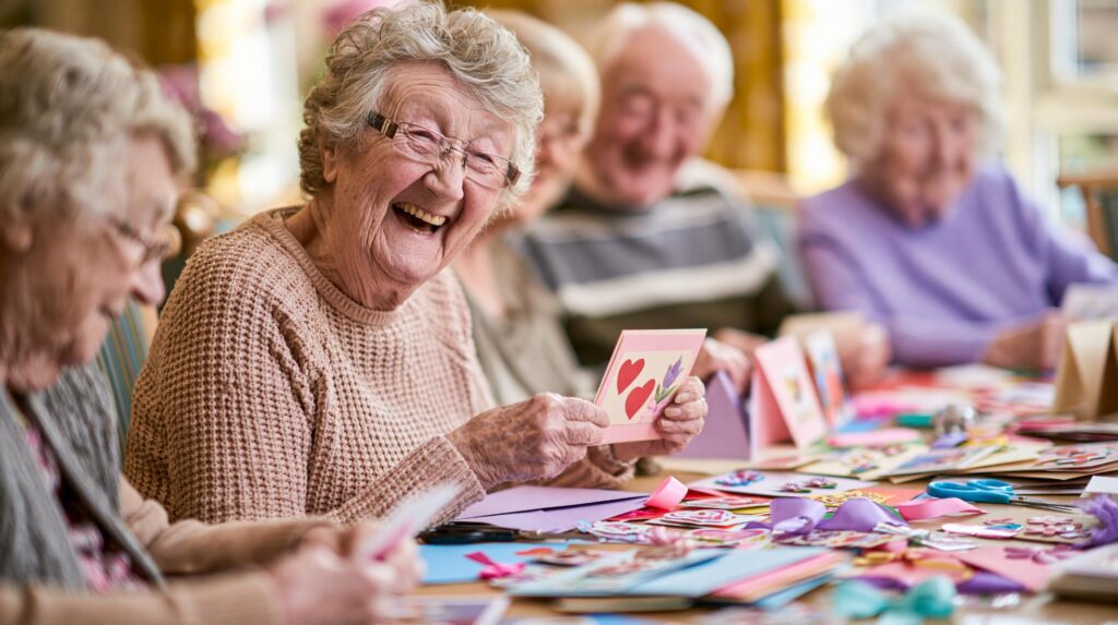 elderly woman smiling during a crafting activity